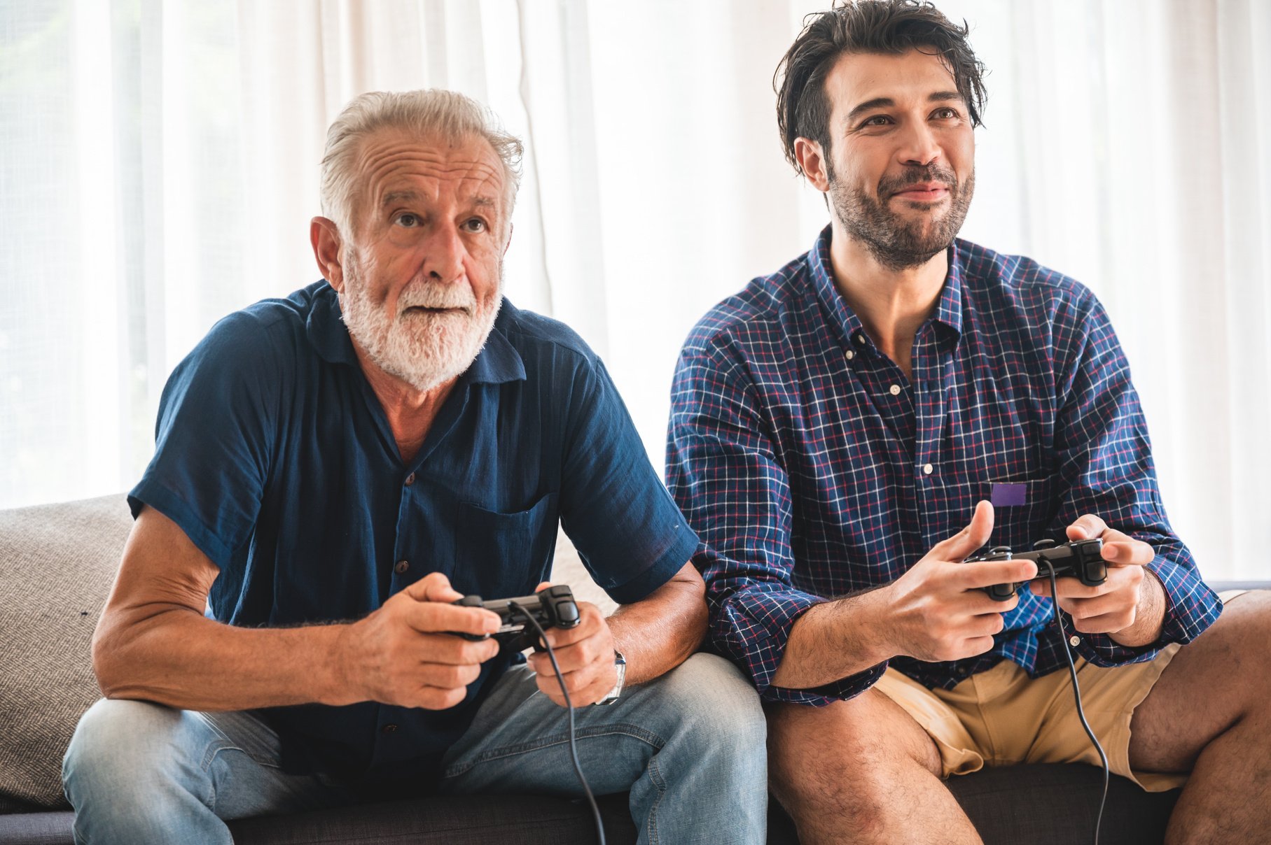 Happy Two Age Generations Men Family Old Father Embracing Young